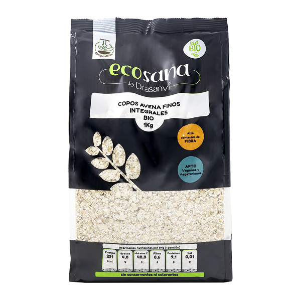 Flocons d'avoine entière fine BIO, 1kg - ECOSANA