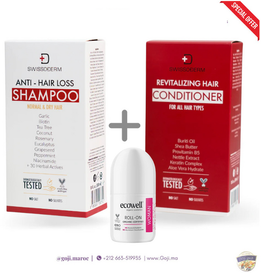 Pack TRIO Shampoing et après-Shampoing anti-chute Cheveux Normaux à Secs (NORMAL HAIR ) +Déodorants BIO pour femme